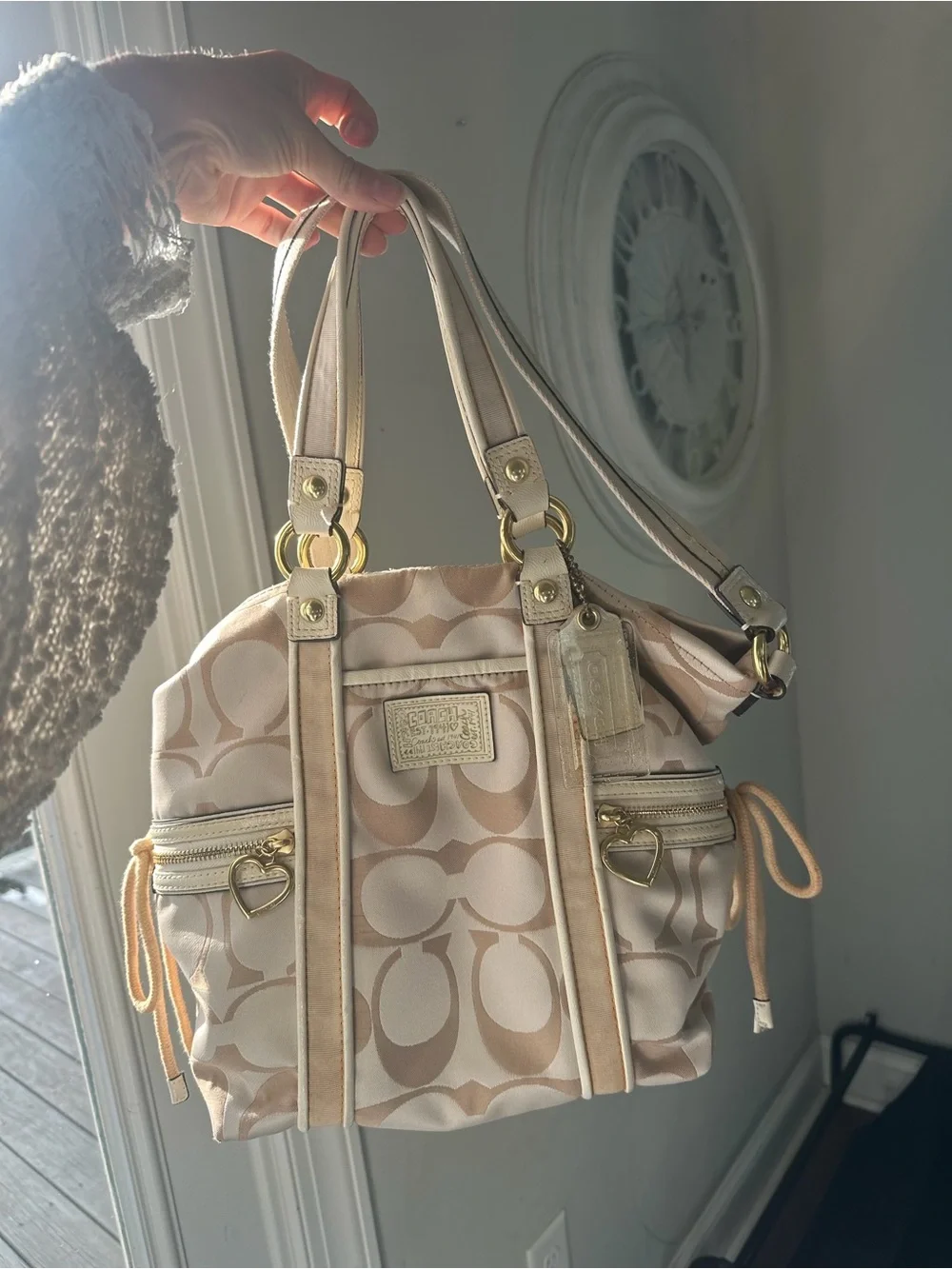 Vintage Coach Poppy Cinch Satchel Cream Beige Canvas Y2K Coquette